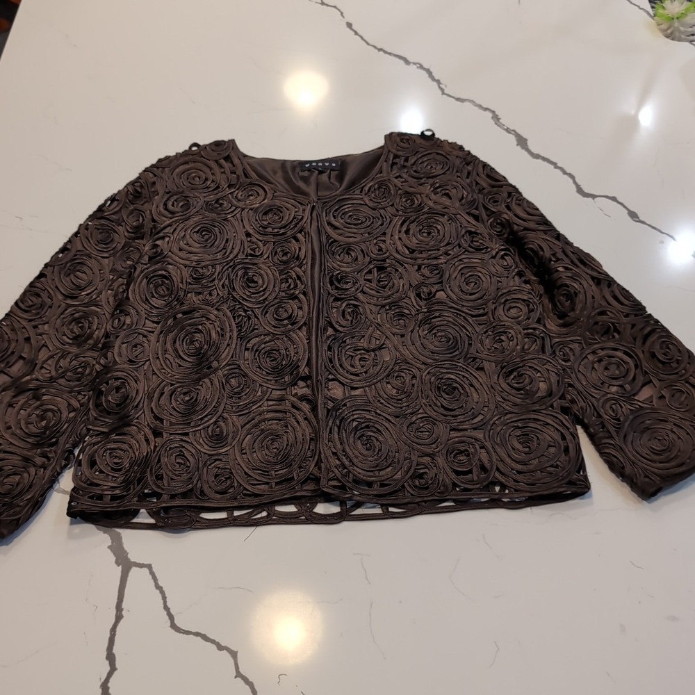Chocolate Brown Rosette Ribbon Jacket Womens Large Open Front Cropped - Picture 12 of 13